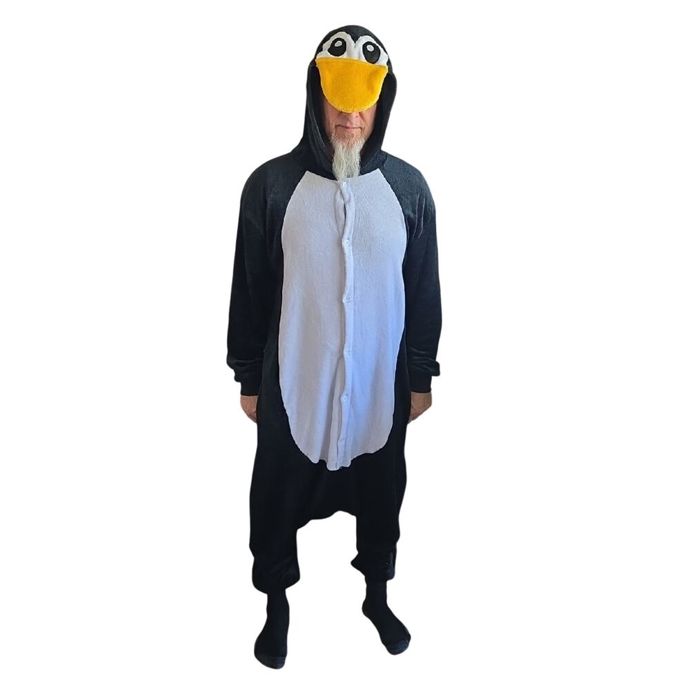 Penguin Onesie Costume - Black & White Yellow Beak Hood Zippered Bottom Adult L